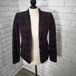 J. Crew Ladies Size 00 Navy Green Red Plaid Lined Wool Blend Blazer